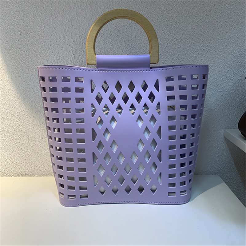 Femmes sacs sacs à main marques célèbres évider plage sac Bolsa Feminina bois poignée fourre-tout sacs sac à bandoulière en cuir synthétique polyuréthane sacs à main: purple