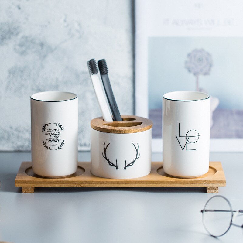 Multifunctionele Keramische Tandenborstelhouder Mond Cup Met Houten Lade Pen Case Badkamer Opslag Decoratie Accessoires Water Cup