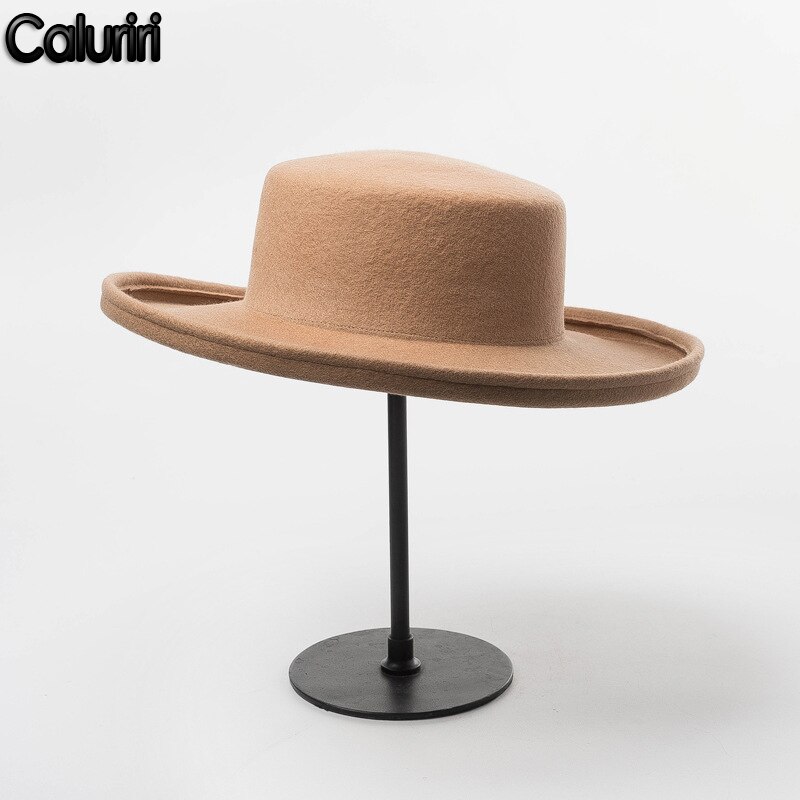 Caluriri Women Wool Boater Flat Top Hat Men Autumn Stage Catwalk Hat Retro Wool Hat Curled Wide Brim Flat Top Hat Top