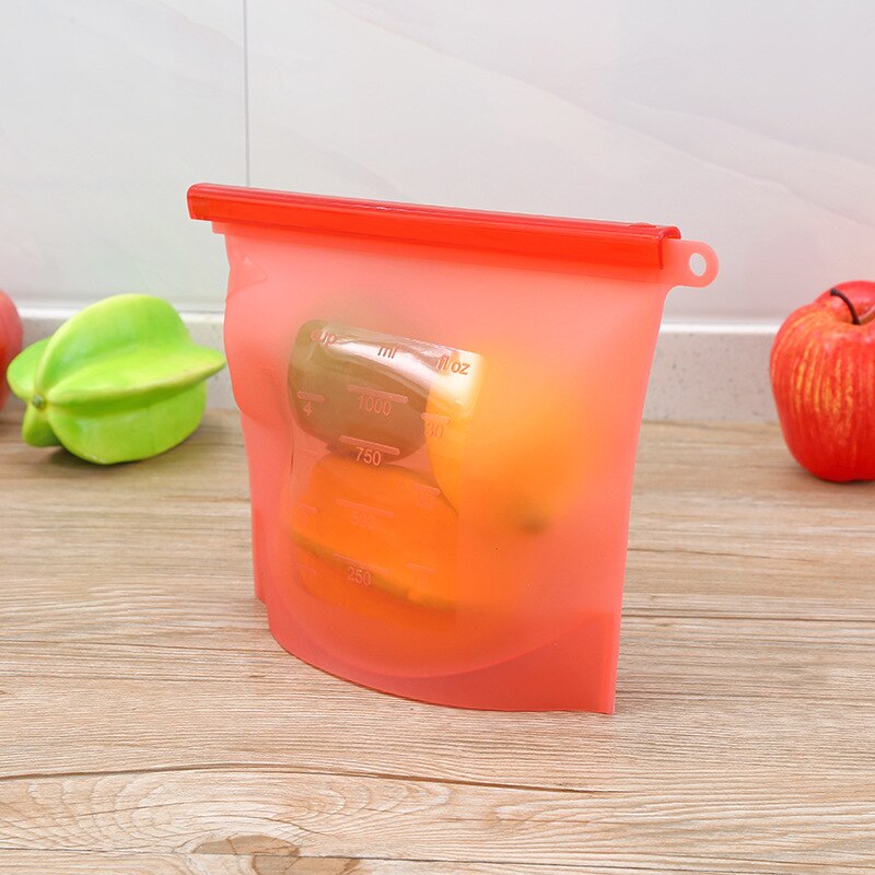 Återanvändbar silikon matpåse silikon ziplock påsar kyl mat fryspåsar 1000ml mjölk frukt kött färska förseglade förvaringspåsar: Röd