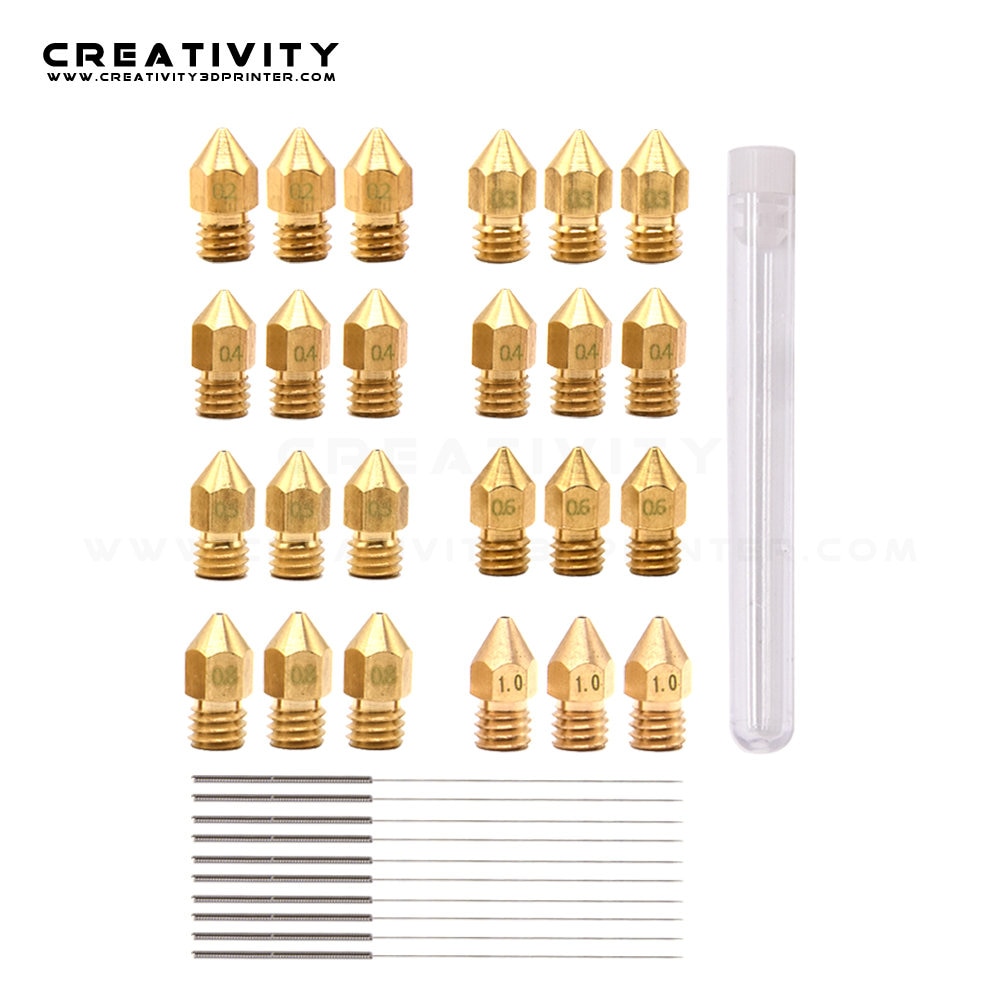 Juego de boquilla MK8 V6 de latón para limpieza, extrusora de latón M6, boquilla de 0,2, 0,3, 0,4, 0,5, 0,6, 0,8, 1,0mm, compatible con impresora 3D de 1,2mm, 24 Uds.