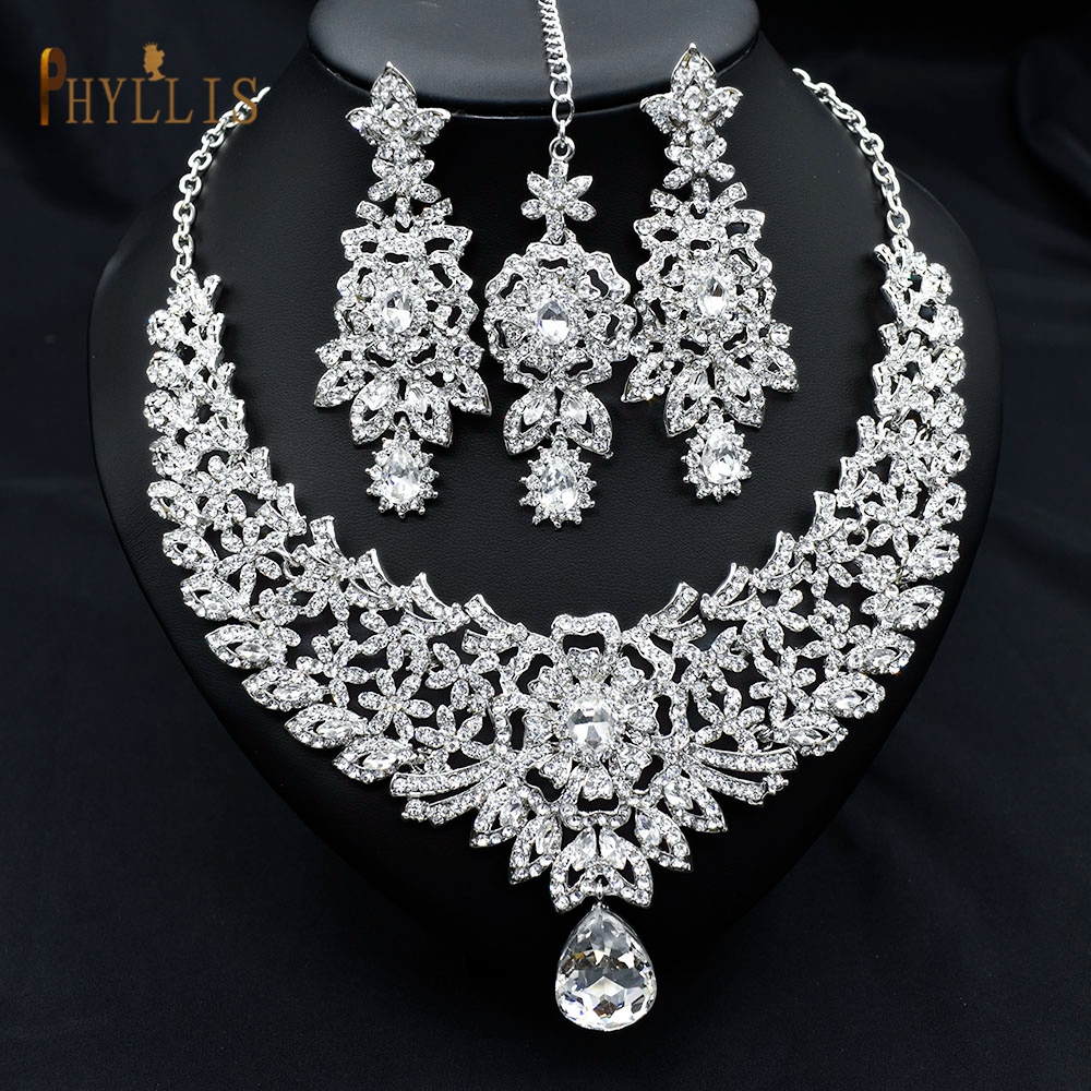 C30 Wedding Bride collana con catena frontale orecchini Set Dubai Set di gioielli regali per le donne accessori da sposa africani indiani: C30 Silver