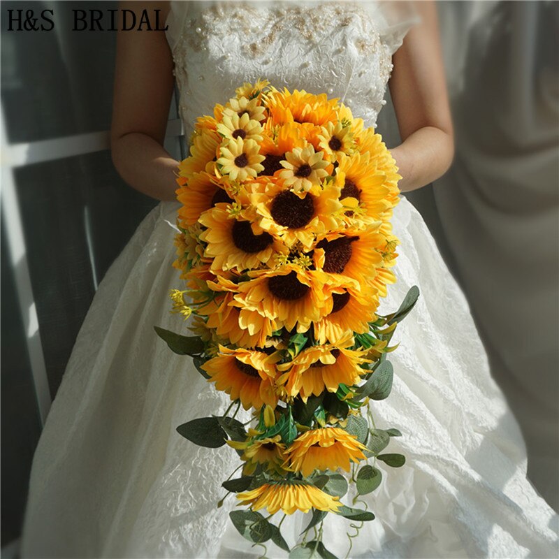 H&amp;S BRIDAL Sunflower Teardrop Wedding Bouquet Waterfall Bridal Flower Bouquet Lace handle Bruidsboeket bouquet de mariage