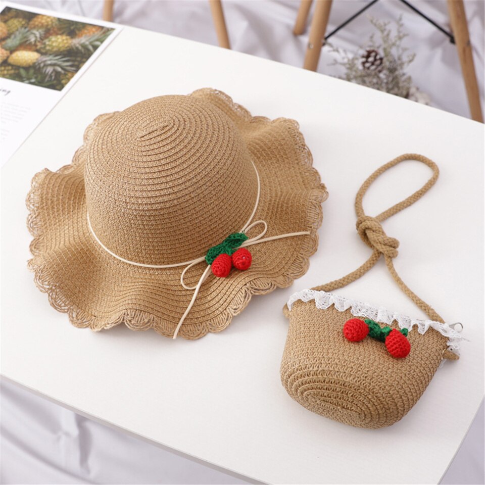 Baby Outdoor Sunscreen Straw Hat Straw Bag Set Cute Cherry Decoration Photography Fisherman Cap Lace Side Shoulder Straw Bag: Khaki-Bag