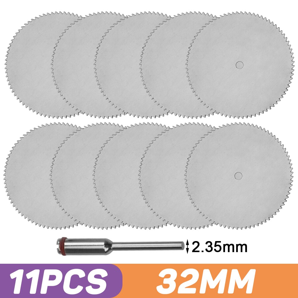 Stainless Steel Slice Metal Mini Circular Saw Blade Set with Mandrel Wood Cutting Disc for Dremel Rotary Tools Wood Cutter Wheel: 11 PCS 32MM Set