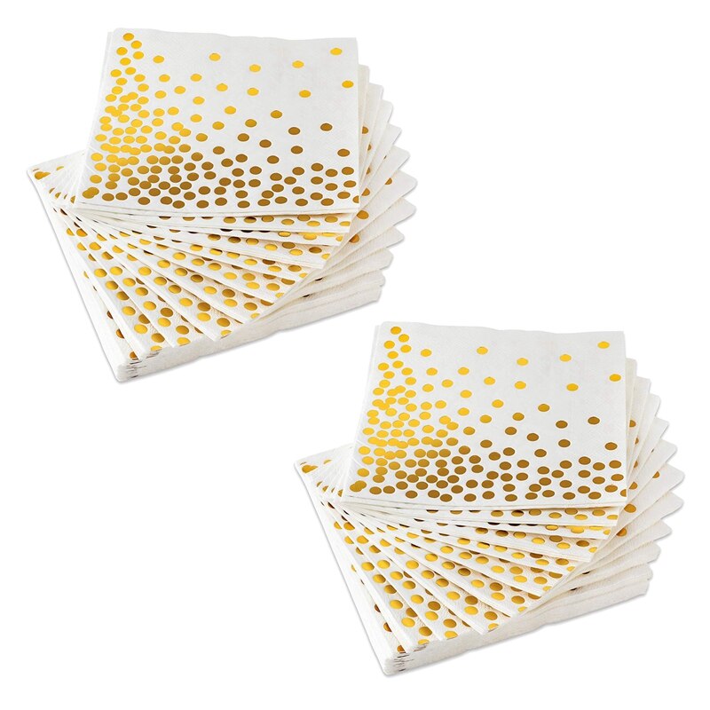Gold Dot Cocktail Napkins (100 Pack)3-Ply Paper Napkins with Gold Foil Polka Dots Perfect for Birthday Party
