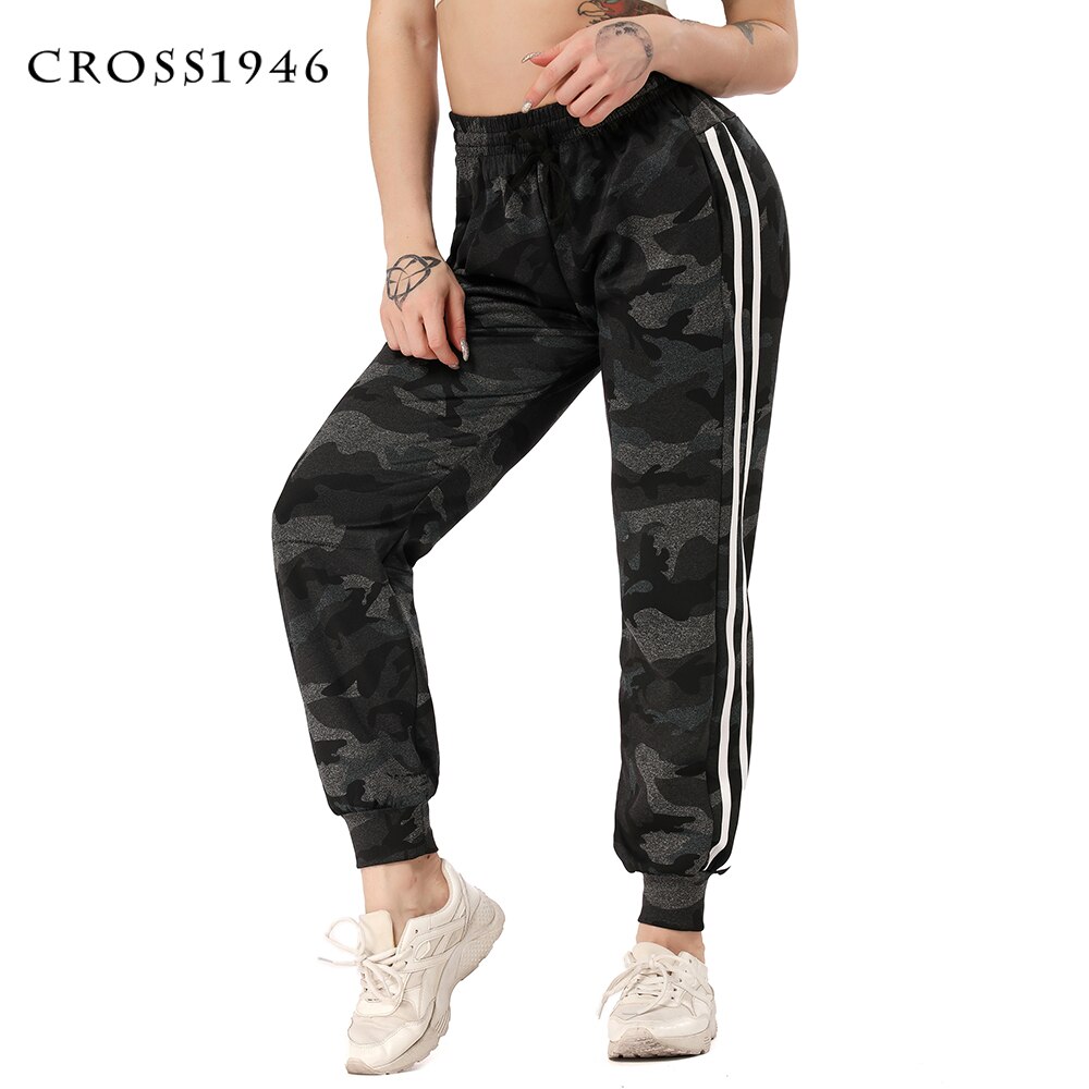 Cross1946 camuflagem drawstring calças esportivas femininas de fitness correndo yoga calças duas linhas brancas calças jogging