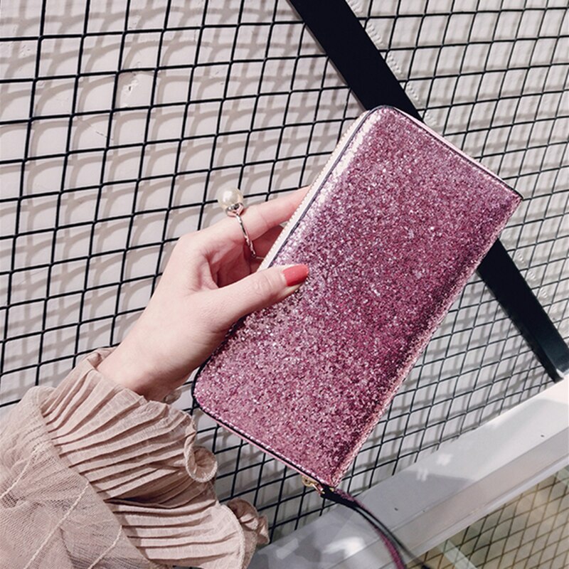 Moda legal lantejoulas carteira feminina carteira de mão longa brilhante bolsa de couro bolsa de armazenamento de cartão de crédito zíper glitter festa saco de armazenamento