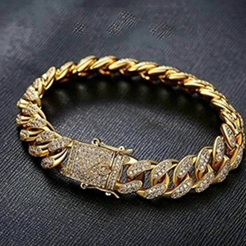 Men's Heavy Solid Alloy Curb Chain Bracelet Sand Blast BangleMen Hip Hop Rock Bracelet Jewelry Wrist Chain Bangle: GMSP719-Gold