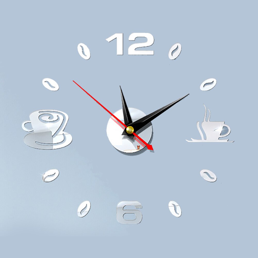 Reloj de pared grande sin marco, reloj gigante de pared, moderno, café, taza, café, decoración de pared, cocina,: Silver