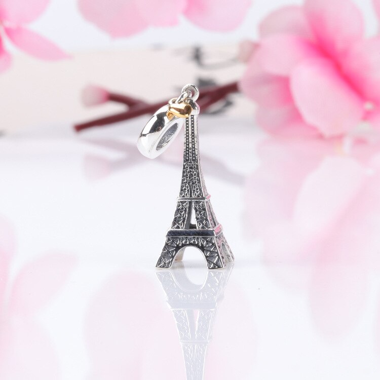 925 Sterling Slver Beads Charms Fit Pan Bracelet Original Paris Eiffel Tower & Gold Heart Charms Jewelry