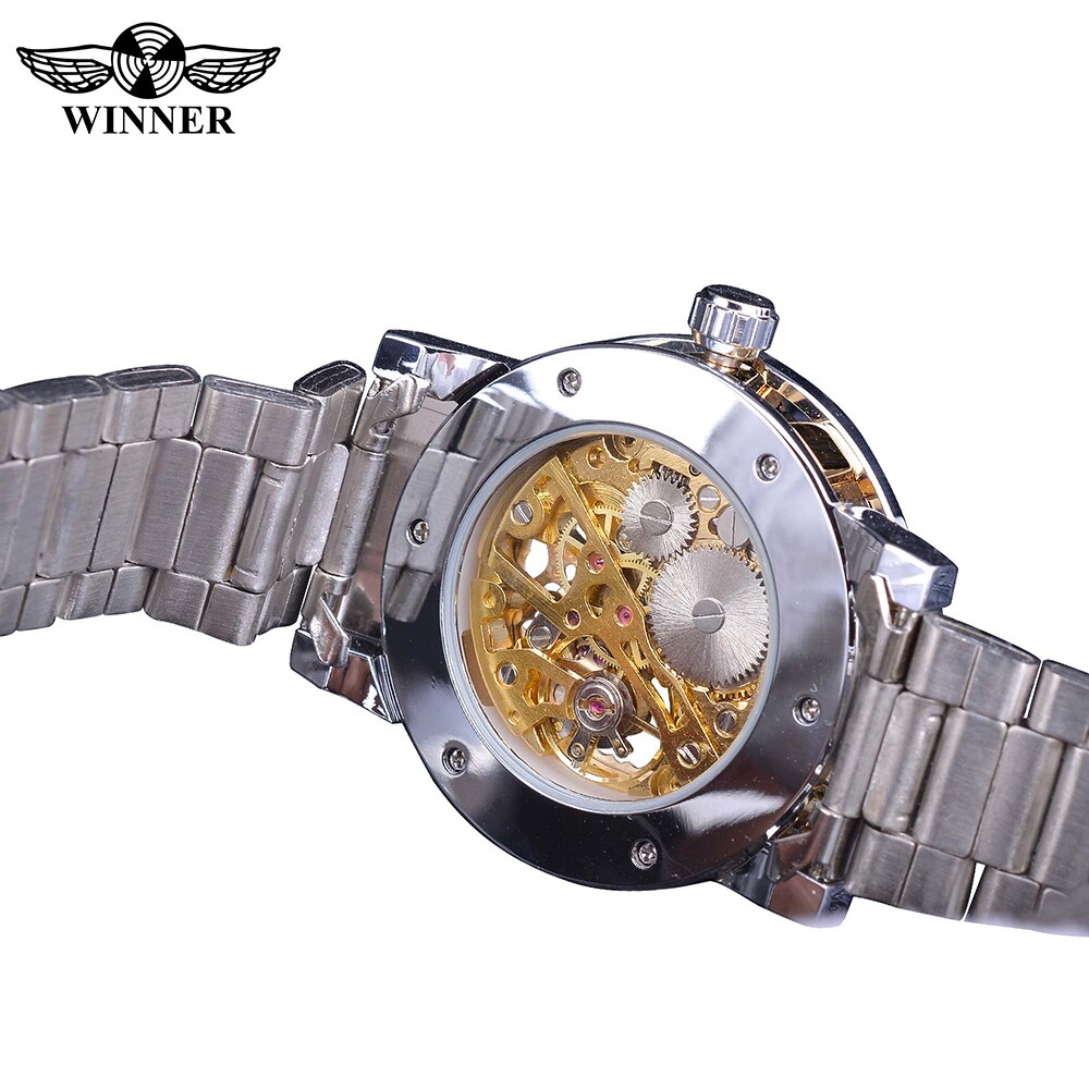 Forsining Diamond Golden Sliver Skeleton Transparante Mechanische Horloge Roestvrij Staal Lichtgevende Sport Business Mannen Horloge
