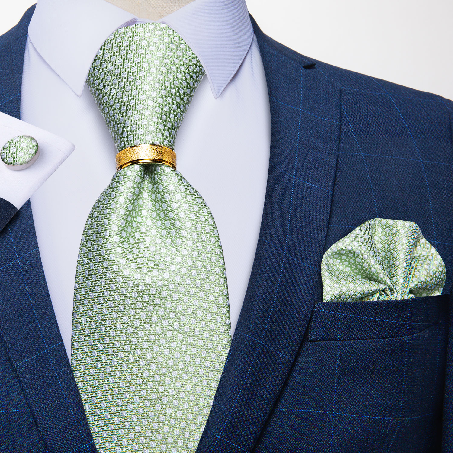 Corbata para hombre con anillo de Metal de Color dorado, conjunto de corbata de 8cm a la , pañuelo, gemelos, accesorios para de boda y negocios, para hombre: Verde