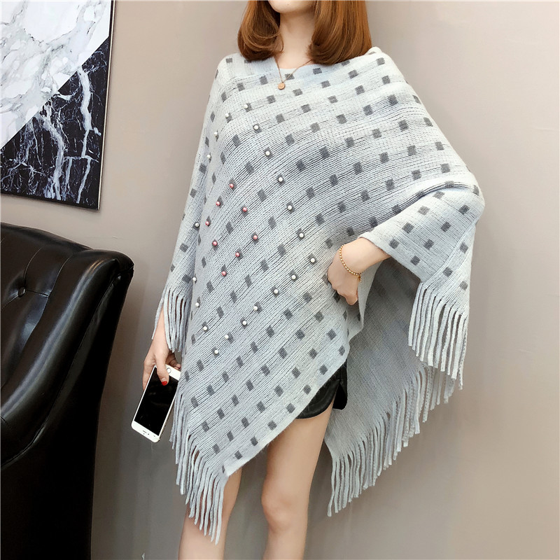Plus lösa överdimensionerade pärlor pärlor tofs poncho batwing ärm mantel tröja stickat omlott tröja party ol chaqueta: Ljusgrå som foto 1