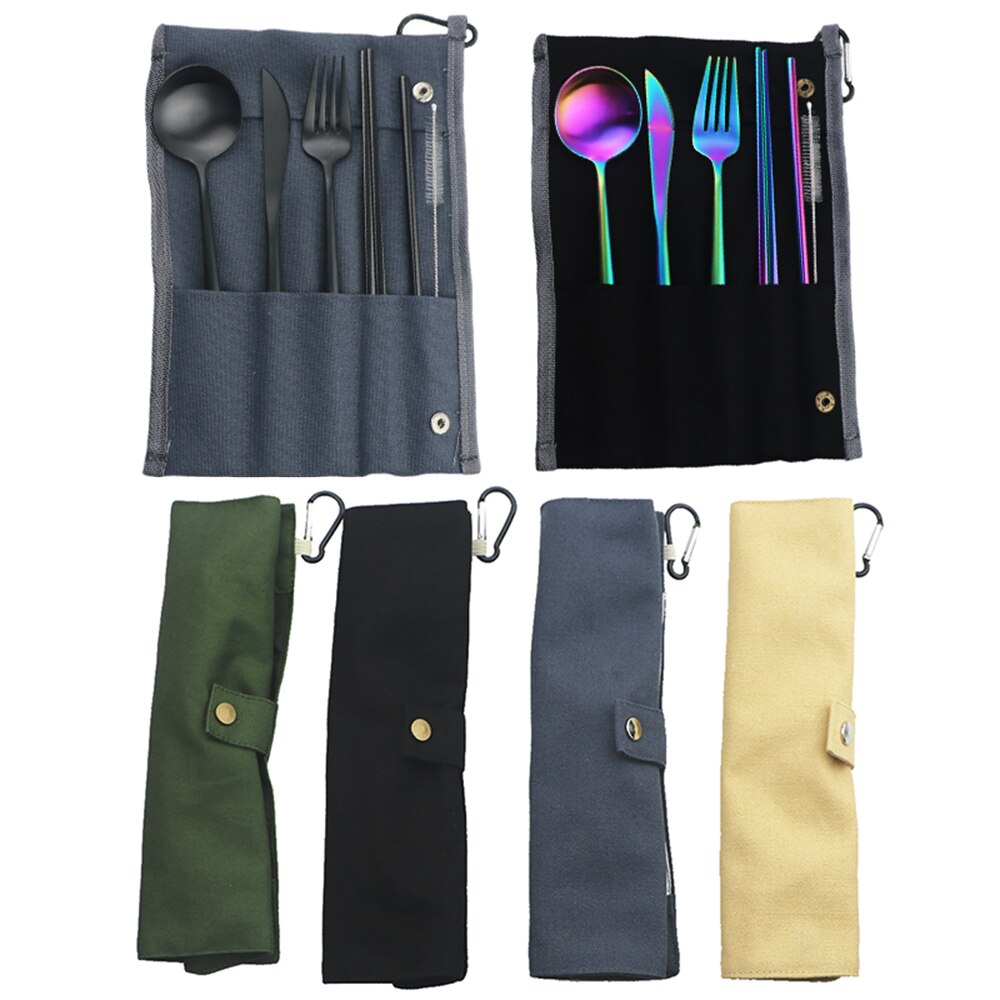 Rainbow Knife Fork Spoon Chopsticks Straw Set Portable Flatware Metal Travel Storage Cutlery Set Picnics Offices BBQ Accessories