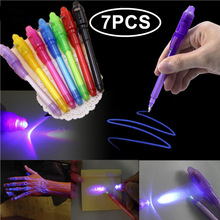 7 stk/sæt magic uv light pen usynlig blækpen glød i den mørke pen med indbygget uv-lys og sikkerhedsmærkning