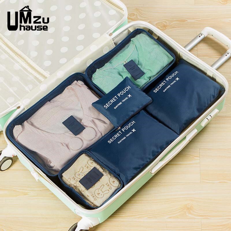 6Pcs Travel Suitcase Storage Bags Set Luggage Organizer Pack Home Organization Reusable Fabric Underwear Clothes Cosmetic Packet: Navy Blue