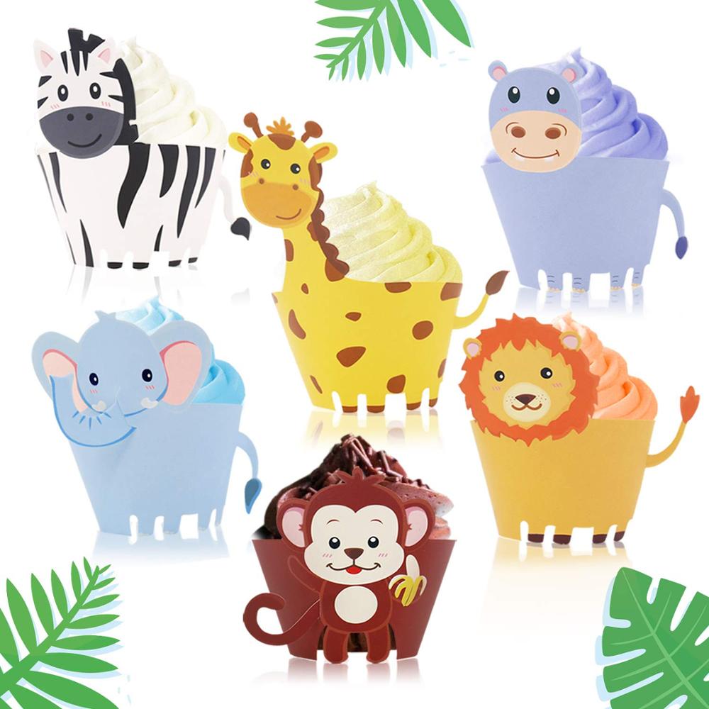 Animal cake top hat, 1 zoo animal happy birthday banner, 35 animal cake top hats for children's birthday party decoration, jungl