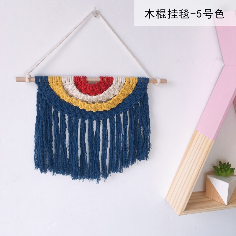Babykamer macramé gebreid wandkleed met kwastje bohemian handgemaakte gevlochten regenboog houten wandhanger kunst kinderkamer boho decoratie: 05