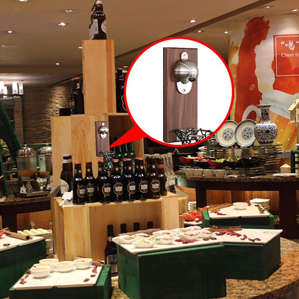 Bottle Opener Wall Mount Bottle Basketball Opener Embedded Magnetic Cap Catcher Solid Wood Fridge Bar Basketball Opener