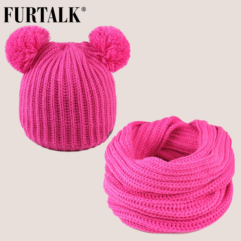 Furtalk lasten talvihattu ja huivisetti lapsille lämmin talvi kaksinkertainen pom pom hattu poikavauva tytöt fleece neulottu pipo hattu ja huivi