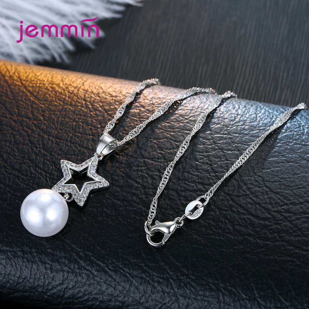 Vrouwen Verklaring 925 Sterling Silver Shimmer Sieraden Sets Parel Kubieke Zirkoon Kettingen Vijfpuntige Ster Doorstoken Oorbellen