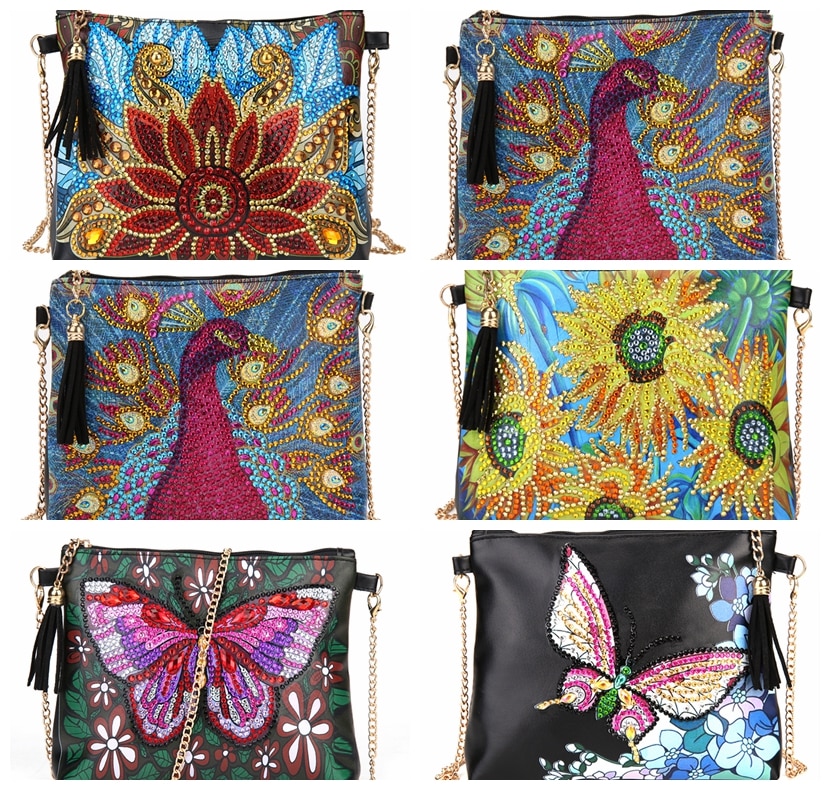 5d diy especial em forma de pintura diamante couro do plutônio crossbody sacos de embreagem corrente diy artesanato bordado flor pavão carteira