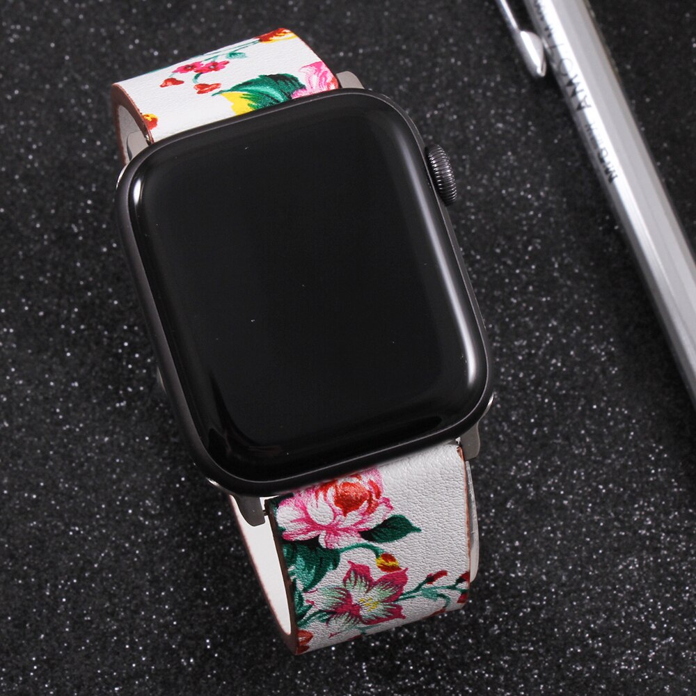 Bånd til apple watch 5 4 3 2 1 38mm/40mm/42mm/44mm, blomstret paragraf læderrem til iwatch-serien tilbehør: W6 / 42mm or 44mm