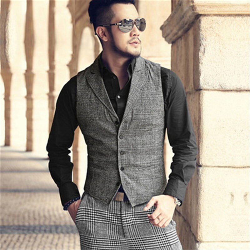 British Style Mens Tweed Waistcoat Gray Check Gentleman Vest Men's Slim Fit Vests Dress Wear