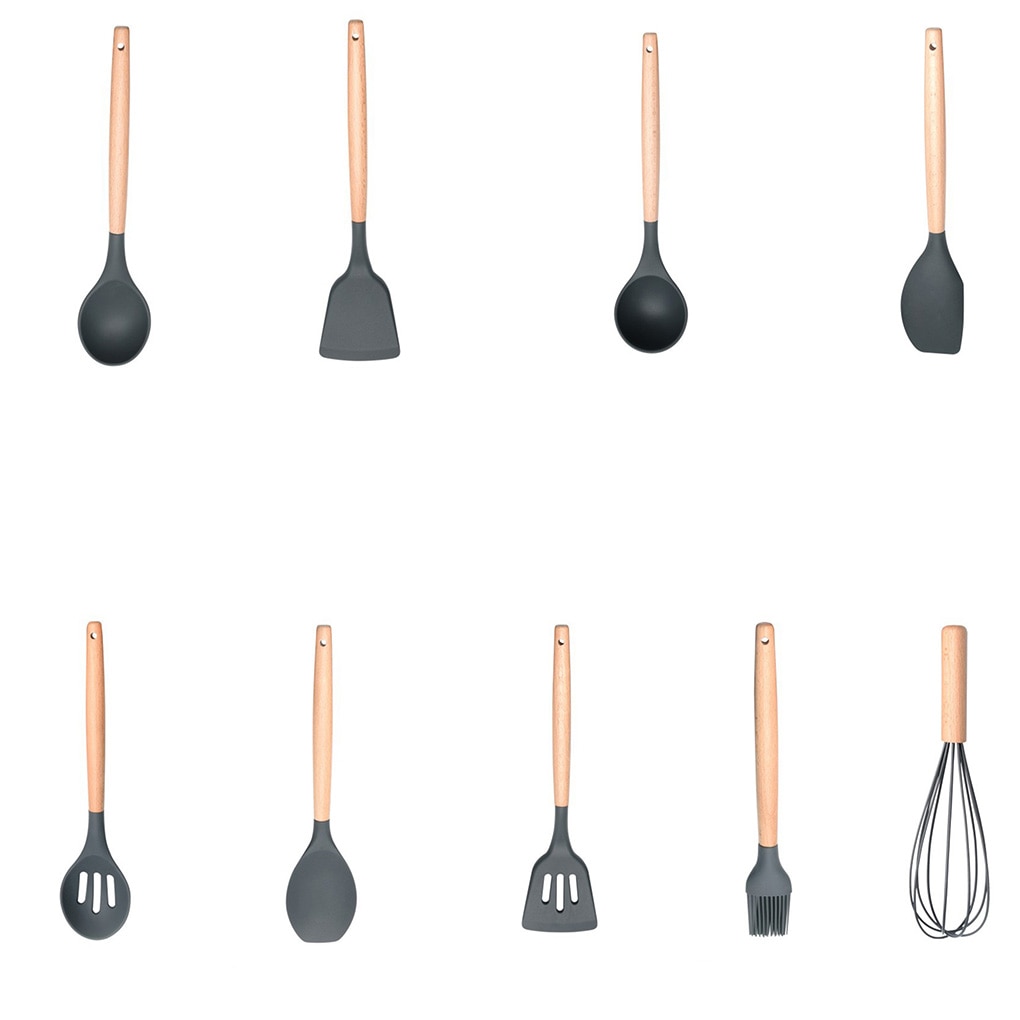 FenKicyen Cool Kitchenware Sets Heat Resistant Wooden Handle Spatula Soup Spoon Skimmer Egg Beater Brush Non-Stick Cooking Set