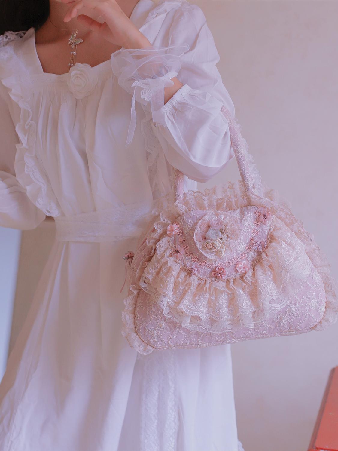 Vintage domstol prinsesse udsøgt håndtaske lolita fest hvid blonder tote taske
