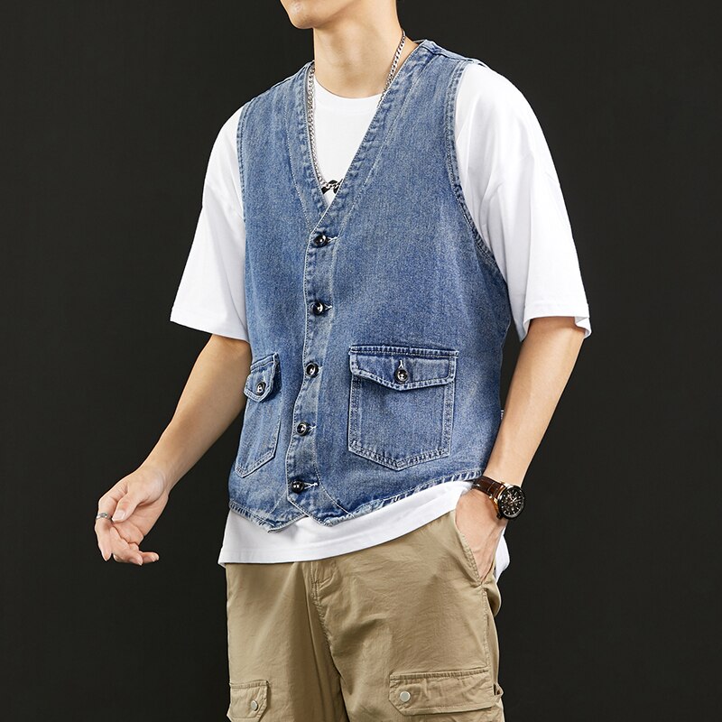 Chaleco vaquero de para hombre, chaqueta sin mangas de bolsillo de algodón, estilo clásico, con cuello en V, M-2XL