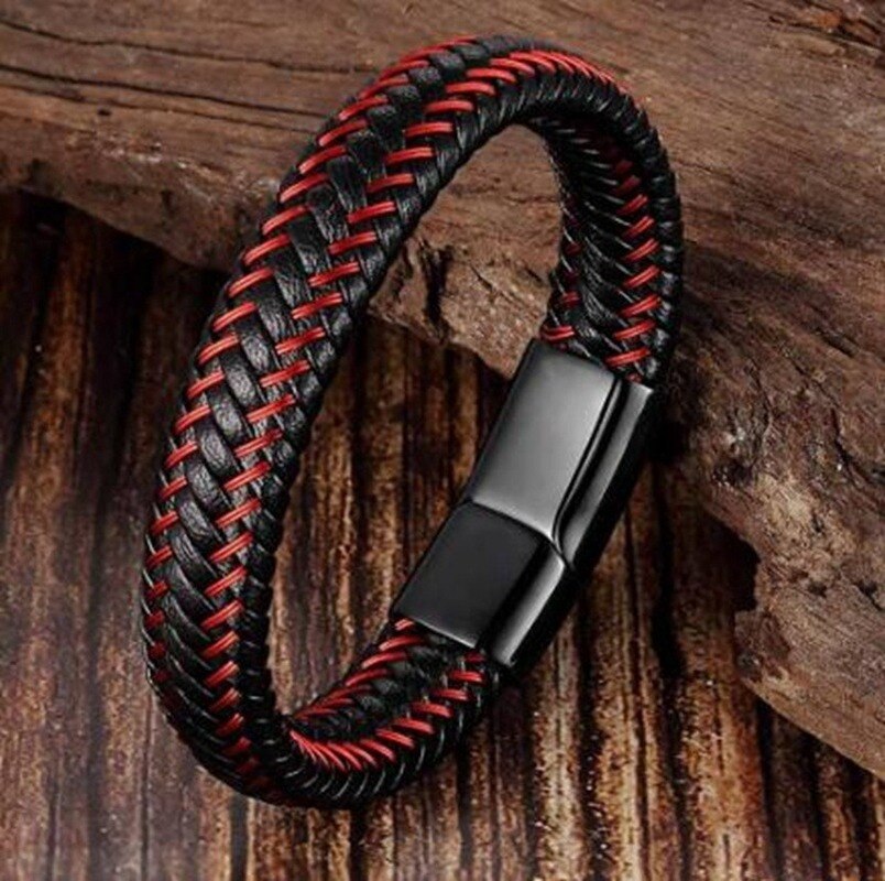 Pulsera de cuero trenzado para hombre, pulsera de cierre magnético, Color Rojo