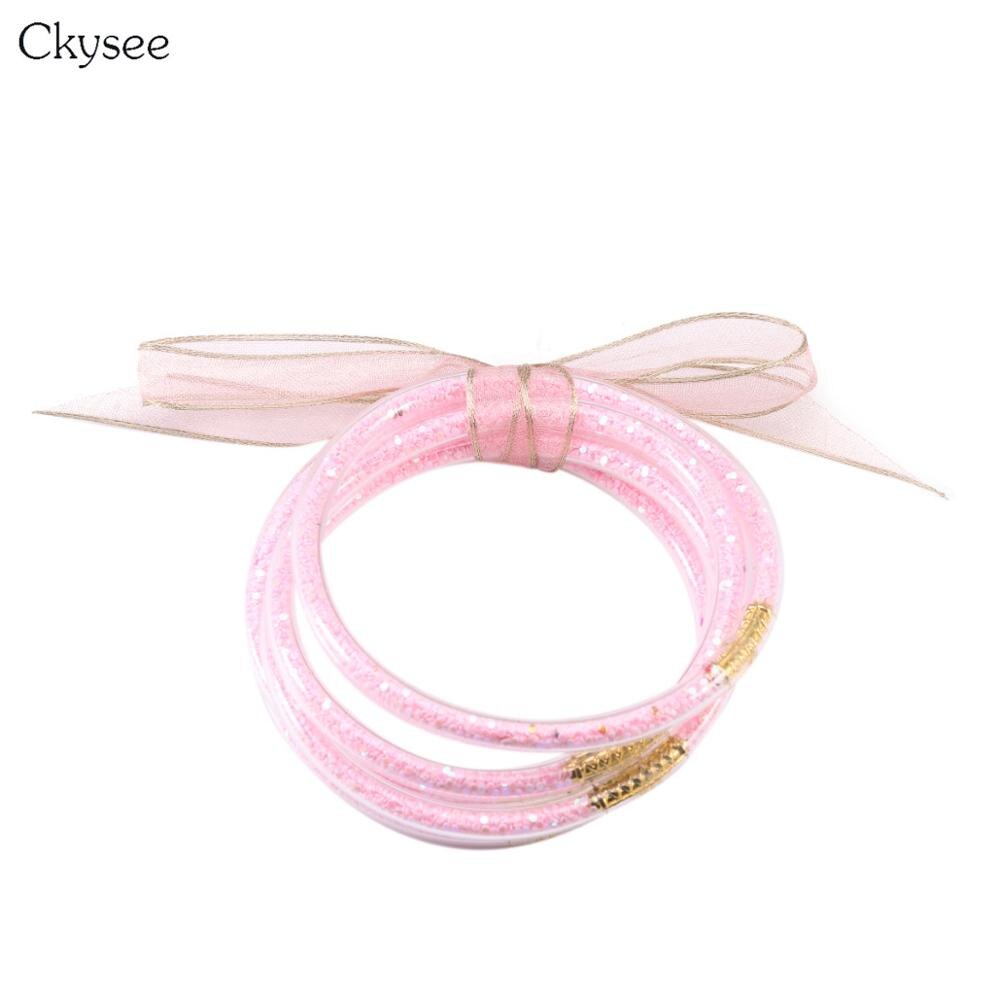 5pc/lot Glitter Silicone Bracelet Set Jelly Bow Circle Big Multi-layer Bracelet Bangle For Women Girl Bangles Jewelry: pink