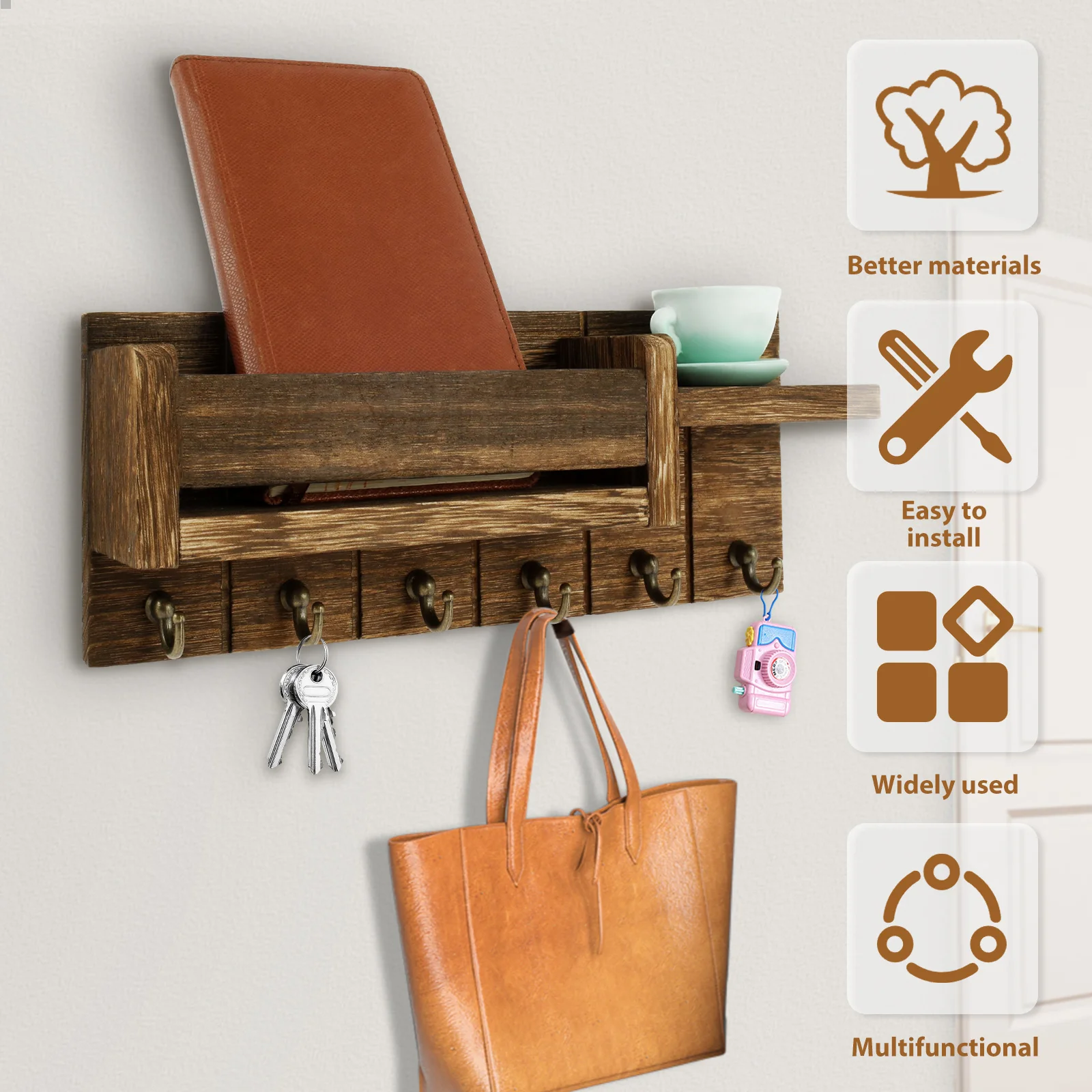Organisateur de courrier pour support mural, organisateur de courrier pour porte-clés mural avec étagère, comprend porte-lettres et crochets pour couloir