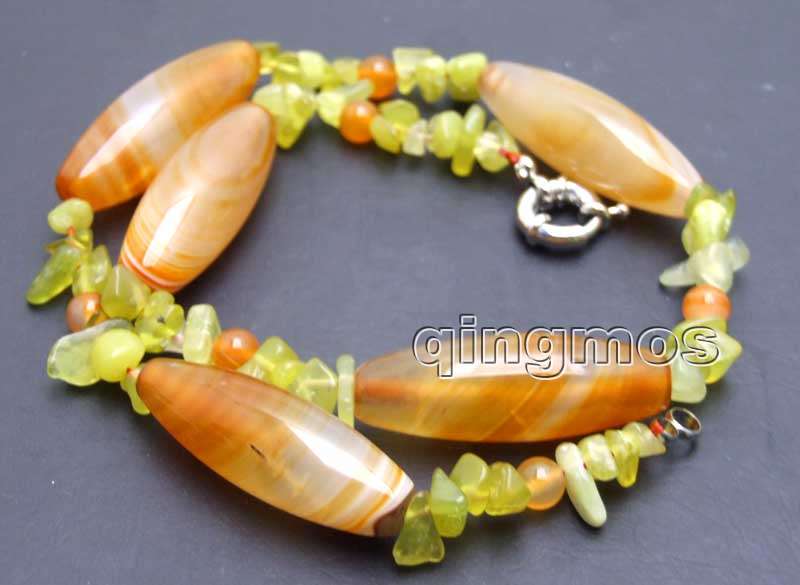 10*42mm Red stripe Olivary shape stone and 7-8mm Green baroque Peridot 17'' necklace-nec5979 /retail