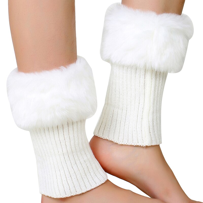 Plush Women Ankle Cover Winter Thermal Leg Warmer Knitted Solid Female Woolen Leg Sleeves Covers: White