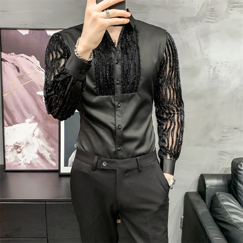 Blonder hule skjorter for menn lange ermer slim fit streetwear sosial fest bluse nattklubb sanger dj klær camisas para hombre