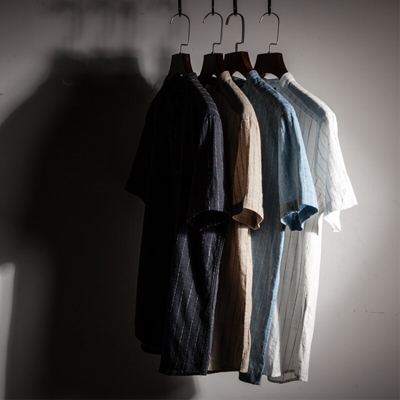 Camisa Algodón Lino Hombre - Rayas Verticales - Cuello Mao Manga Corta - Pulóver Casual