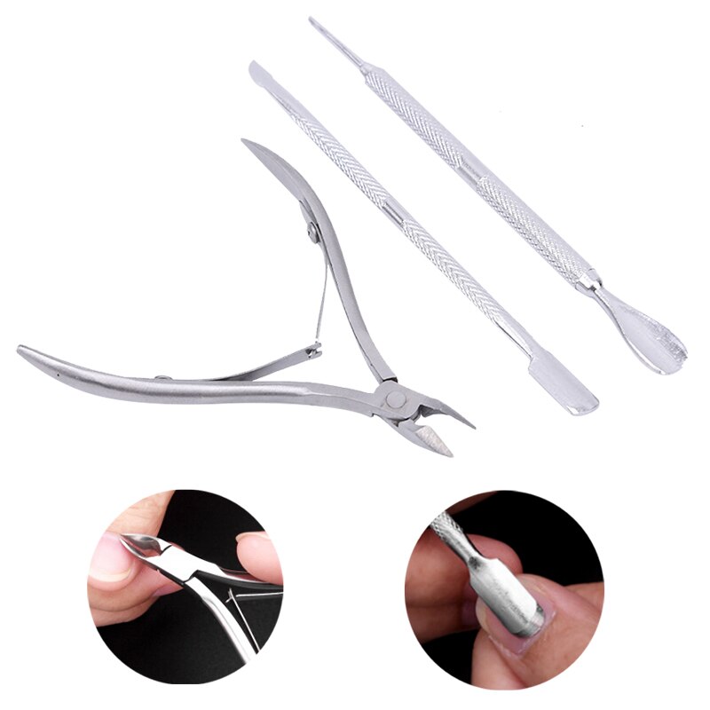 3Pcs Rvs Nail Cuticle Spoon Pusher Remover Cutter Nipper Clipper Cut Remover Cutter Trimmer Art Manicure Tool
