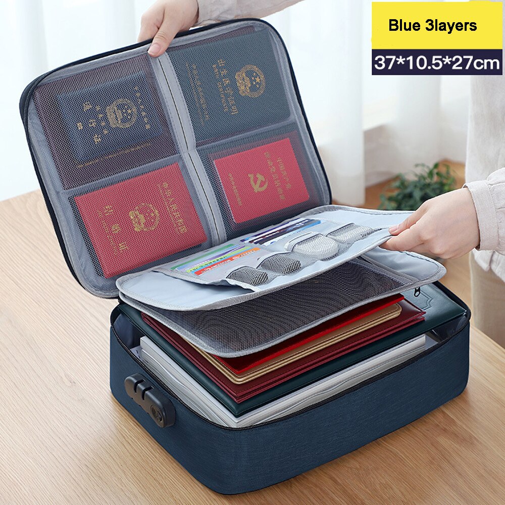 Large Capacity Multi-Layer Document Tickets Storage Bag Certificate File Organizer Case Home Travel Passport Briefcase with Lock: 3layers blue
