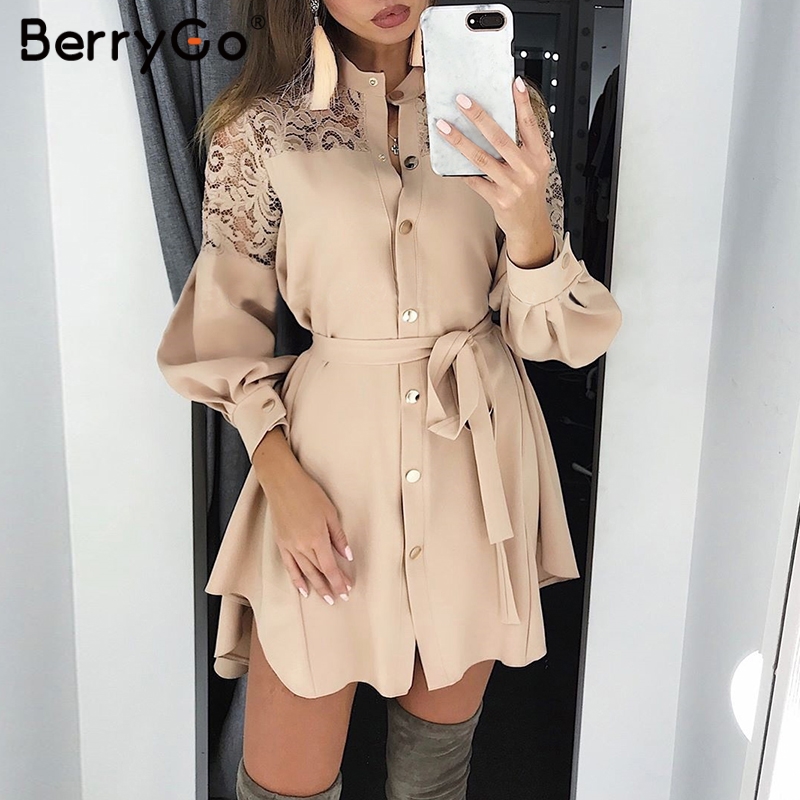 Berrygo Lace Vrouwen Shirt Jurken Pure Mesh Borduren Lange Mouw Knop Kantoor Dames Jurken Solid Sjerpen Zomer Mini Jurk: L