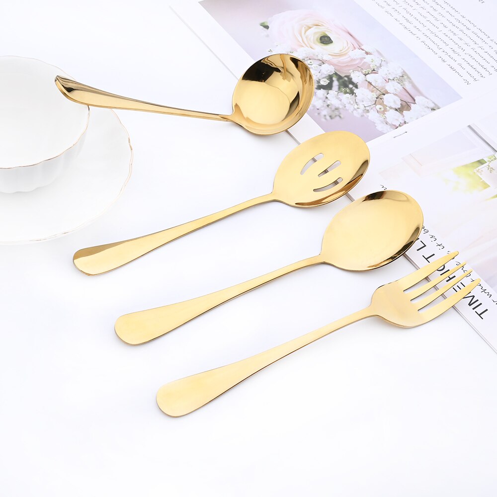 Juego de cubiertos dorados de acero inoxidable, utensilios para servir Buffet, Catering, cucharas, tenedores, 5 piezas