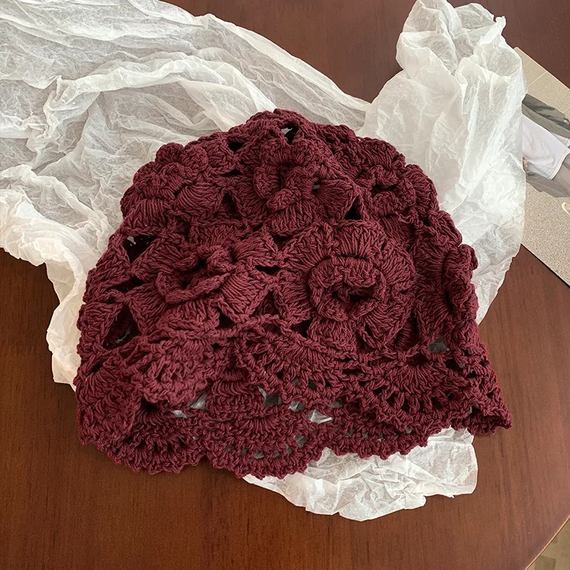 Cappello lavorato a mano all'uncinetto con fiori da donna Primavera Estate Moda versatile cappello sopra la testa sottile e traspirante con copricapo cavo: Cielo Blu