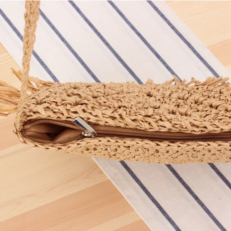 Handgjord krok blomma tofs vävd väska casual messenger vävd väska semester strandväska kamel