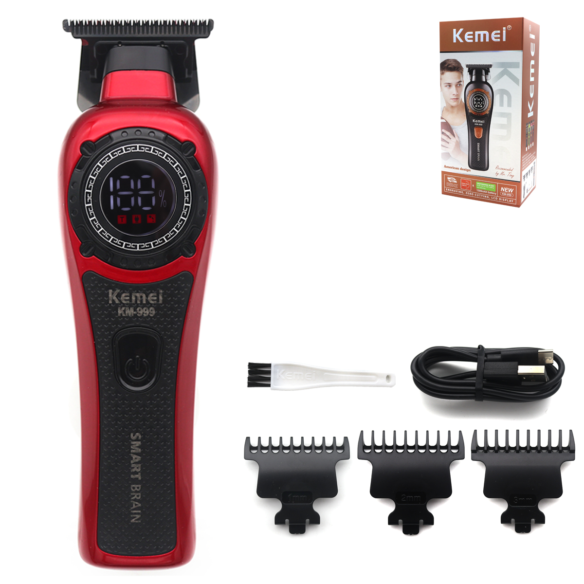 Kemei KM-999 Hair Trimmer for Men DLC T-Blade Zero Gapped LED Display Cordless USB Hair Clipper Finishing Machine: WHITE