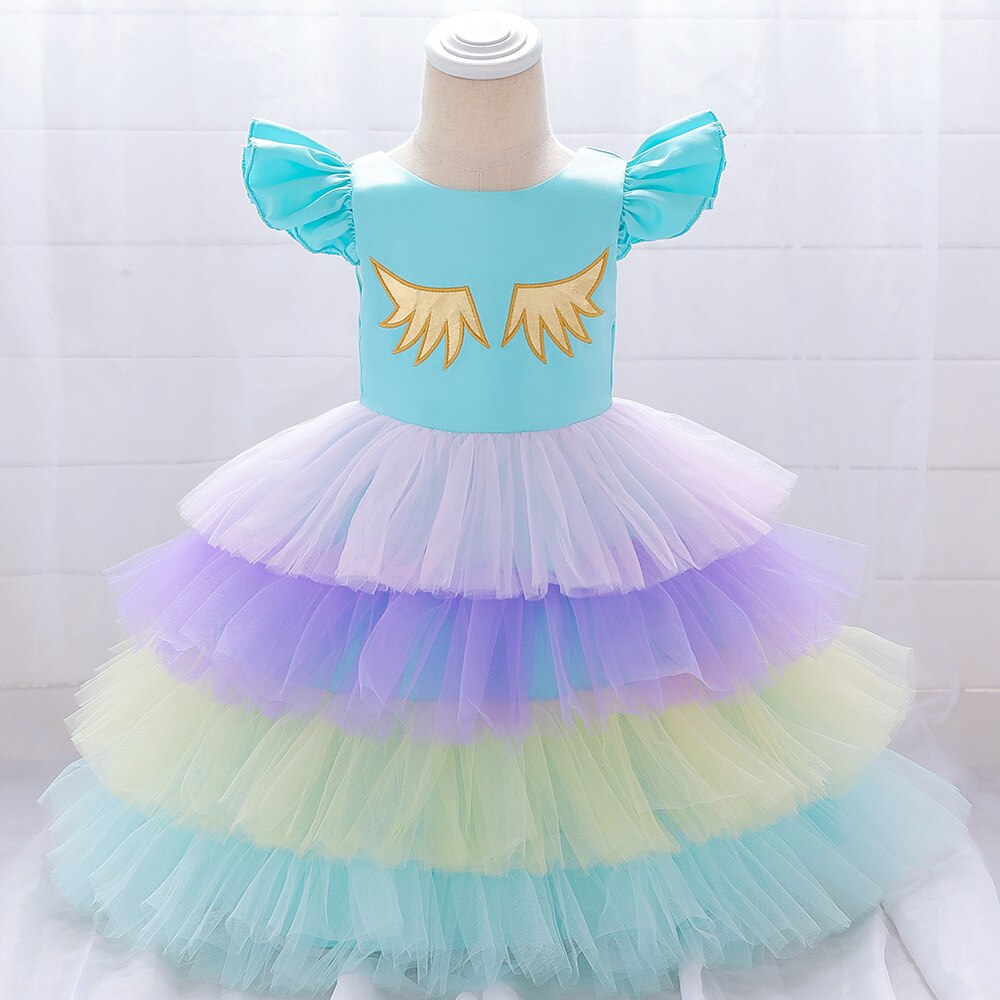 Korean version of small girls and young children baby birthday multilayer pompon cake dress princess fantasy dance dress: blue / 80