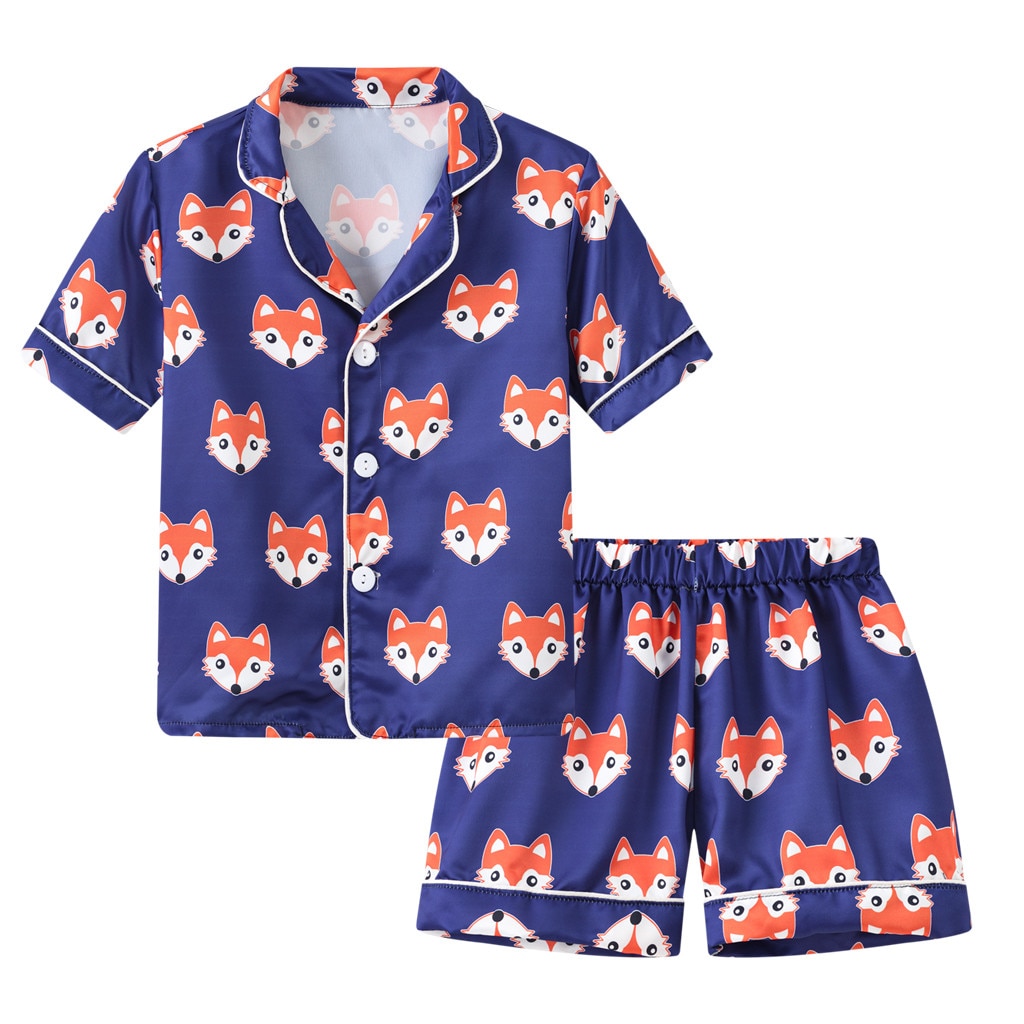 Children Kids Boy Girls Cartoon Pajamas Toddler Baby Sleepwear Set Cute Fox Printed Short Sleeve Shirt Shorts Set Pyjama Enfant: Blue / 6T