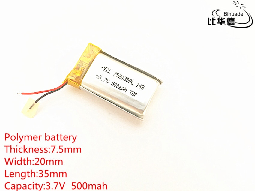 1 stks/partij Polymeer batterij 500 mah 3.7 V 752035 smart home Li-Ion batterij voor dvr GPS mp3 mp4
