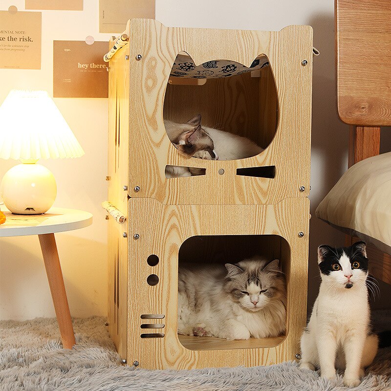 DIY Cat Nest Cat Hammock Cat's Villa Cat Cabinet Cat House Closed Cat Bed Wooden Multi-layer Pet Nest
